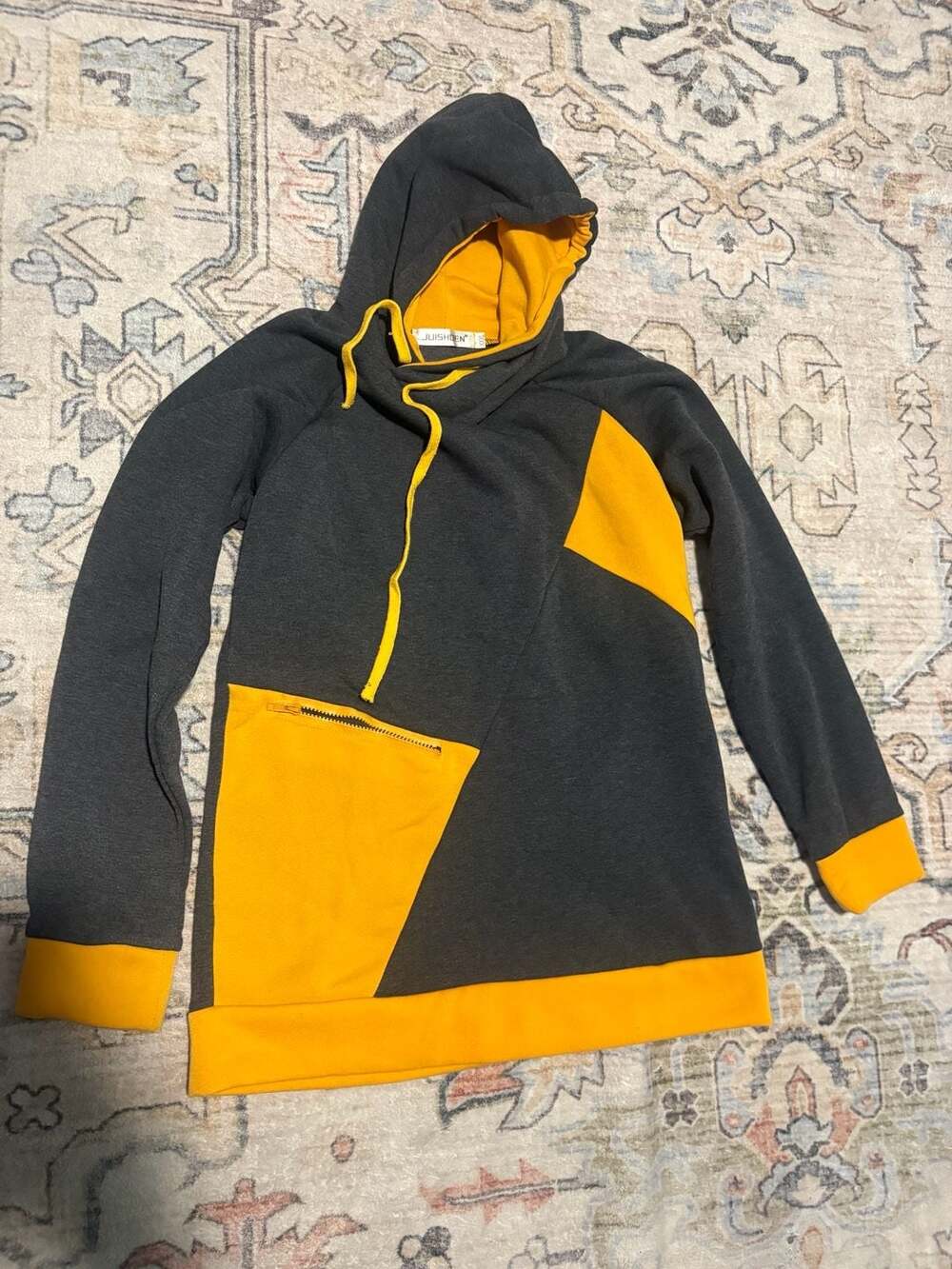JUISHDEN Color Block Asymmetrical Long Sleeve Hoodie with Front Zipper Pocket